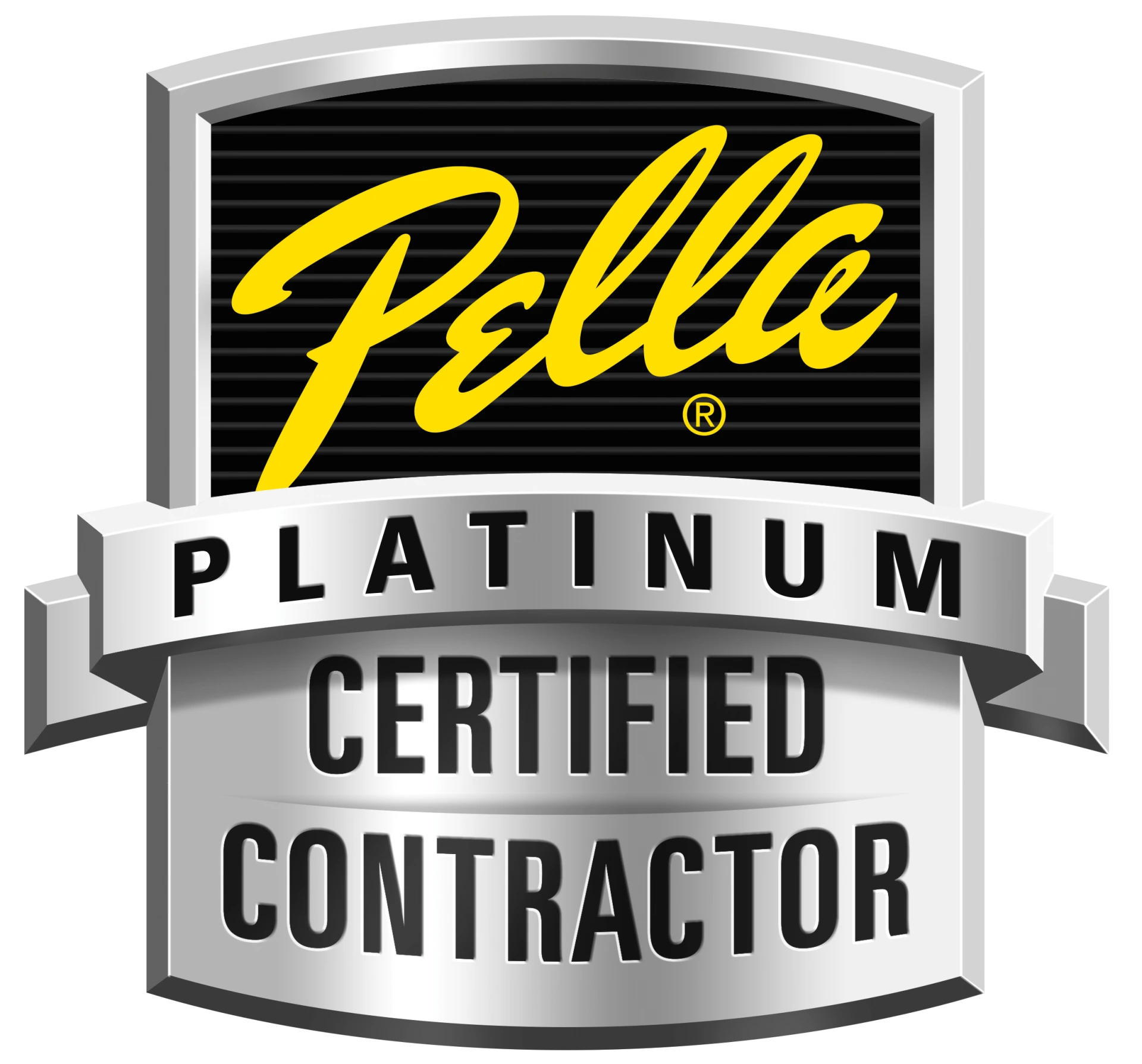 Pella Platinum Certified Contractor logo with black, white, and yellow colors.