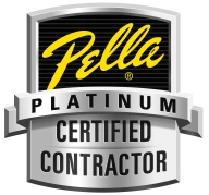 Pella Platinum Certified Contractor logo with black, white, and yellow colors.